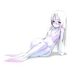  arm_support blush fins fish_girl flat_chest gills legs_together long_hair monster_girl nipples nude original red_eyes sitting solo sugimoto_gang tears white white_background white_hair white_skin wide_hips 