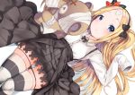  1girl :o abigail_williams_(fate/grand_order) bandage bandaged_arm bandaged_head bandages bangs black_bow black_panties black_skirt blush boko_(girls_und_panzer) bow bug butterfly collared_shirt commentary_request cosplay crossed_bandaids dress_shirt dutch_angle eyebrows_visible_through_hair fate/grand_order fate_(series) girls_und_panzer gluteal_fold hair_bow insect long_hair long_sleeves looking_at_viewer lying on_back one_side_up orange_bow p_answer panties panty_pull parted_bangs parted_lips pleated_skirt purple_eyes shimada_arisu shimada_arisu_(cosplay) shirt skirt sleeves_past_fingers sleeves_past_wrists solo striped striped_legwear stuffed_animal stuffed_toy teddy_bear thighhighs underwear very_long_hair white_shirt 