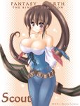  artist_request bare_shoulders breasts brown_hair cleavage corset fantasy_earth large_breasts long_hair ponytail purple_eyes scout solo 