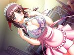  apron blush bra breasts brown_eyes brown_hair cleavage crying crying_with_eyes_open game_cg hiide huge_breasts lingerie long_hair open_clothes open_shirt pink_apron pink_bra shirt solo tears underwear waitress yotsunoha yuzuki_iori 