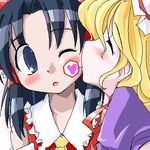  blush hakurei_reimu heart kiss lowres multiple_girls oekaki shaomin touhou yakumo_yukari yuri 