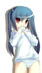  blue_hair kooh long_hair no_pants pangya panties red_eyes safi solo striped striped_panties sweater twintails underwear 