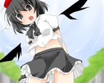  :o arms_behind_back bangs black_eyes black_hair black_wings from_below hat looking_at_viewer looking_down lowres midriff morino_harifu open_mouth panties pantyshot shameimaru_aya short_hair solo touhou underwear upskirt wings 