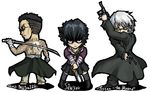  1girl 2boys black_lagoon chibi chicks_with_chainsaws frederica_sawyer ginji_matsuzaki multiple_boys oso oso_(toolate) rotton rotton_the_wizard sawyer_the_cleaner 