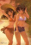  absurdres beach bikini brown_eyes brown_hair denim denim_shorts duplicate highres kore_ga_watashi_no_goshujin-sama kuramachi_anna long_hair multiple_girls orange_sarong sarong sawatari_izumi short_hair shorts swimsuit translucent_sarong tsubaki_asu 