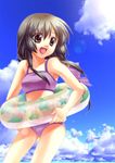  bikini black_hair blue_sky brown_eyes clannad cloud day ibuki_fuuko innertube lens_flare open_mouth purple_bikini satomi_yoshitaka sky solo swimsuit transparent 