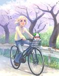  :o bicycle bicycle_basket blonde_hair blouse blue_eyes brown_footwear cherry_blossoms creature day denim dirt_road floating_hair grass ground_vehicle guard_rail in_basket jeans long_sleeves lowres open_mouth original outdoors pants road shoes solo tree weno weno's_blonde_original_character yellow_blouse zipper 