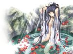  bathing black_hair breasts carnelian chain collar kao_no_nai_tsuki kuraki_suzuna long_hair medium_breasts petals robe solo water wet wet_clothes 