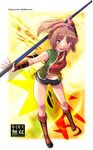  :d boots brown_eyes brown_footwear brown_hair cosplay full_body hits holding holding_weapon kimi_kiss knee_boots looking_at_viewer nyazui open_mouth polearm ponytail rod running sakino_asuka shin_sangoku_musou short_shorts shorts smile solo staff weapon 