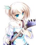  &gt;:) bare_shoulders blonde_hair blue_eyes copyright_request guitar instrument lowres short_hair smile solo tenmaso v-shaped_eyebrows 