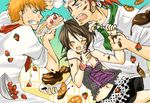  2boys abarai_renji artist_request bleach chocolate duplicate food food_fight fruit kuchiki_rukia kurosaki_ichigo love_triangle multiple_boys orange orange_slice strawberry 