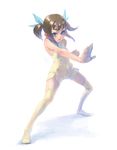  blue_eyes brown_hair copyright_request fighting_stance simple_background solo thighhighs twintails weno 