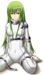  armor bangs big_wednesday bodysuit breasts buckle c.c. code_geass collar green_hair long_hair looking_at_viewer medium_breasts shoulder_pads sidelocks simple_background sitting skin_tight solo spread_legs very_long_hair wariza white_background white_bodysuit yellow_eyes 