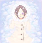  arms_up buttons chrome_dokuro coat eyepatch from_above fur_trim katekyo_hitman_reborn! long_sleeves looking_at_viewer lying on_back short_hair snow snowing solo winter winter_clothes winter_coat 
