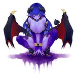  aco_(koaya_ako) astaroth_(shinrabanshou) black_sclera blue_hair blue_skin boots breasts cleavage demon_girl demon_tail demon_wings earrings elbow_gloves full_body gloves heart heart_earrings horns jewelry large_breasts long_hair purple_footwear red_wings shinrabanshou simple_background solo squatting succubus tail thighhighs wings yellow_eyes 