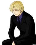  1boy black_necktie black_suit blonde_hair blue_eyes blue_shirt collared_shirt darker_than_black formal lowres male male_focus november_11 solo suit 