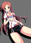  breasts cleavage cowboy_shot dragonaut lying medium_breasts nippori on_back red_eyes red_hair short_shorts shorts solo toa 