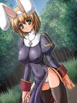  abu animal_ears blush breasts brown_hair bunny_ears covered_nipples cross day dress garter_belt grass green_eyes impossible_clothes impossible_shirt large_breasts latin_cross navel outdoors panties priest priest_(ragnarok_online) ragnarok_online shirt short_hair skin_tight solo thighhighs tree underwear white_panties 
