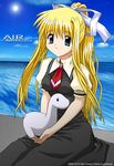  air blonde_hair dinosaur kamio_misuzu long_hair minimized ocean ponytail school_uniform solo stuffed_toy sugimura_tomokazu 