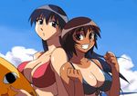  :3 azumanga_daiou back-to-back beach bikini black_eyes black_hair breast_press breasts brown_eyes brown_hair chiyo_chichi cirima cleavage clenched_hands cloud day front-tie_top grin kagura_(azumanga_daiou) large_breasts long_hair multiple_girls one-piece_tan outdoors sakaki short_hair sky smile swimsuit tan tanline water wind 