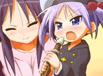  artist_request blue_eyes blush child closed_eyes hat hiiragi_kagami hiiragi_miki instrument lucky_star mother_and_daughter motherly multiple_girls oekaki purple_hair recorder tsurime younger 