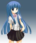  blue_eyes blue_hair bow furude_rika higurashi_no_naku_koro_ni long_hair odayan pink_bow school_uniform skirt smile solo suspenders 