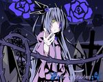  barasuishou copyright_name eyepatch flower hair_ornament kabocha_(monkey4) long_hair looking_at_viewer outstretched_hand purple_hair rose rozen_maiden solo yellow_eyes 
