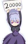  arms_up darker_than_black dress holding holding_sign kuro_(be_ok) notepad purple_dress purple_eyes purple_hair sign solo yin 