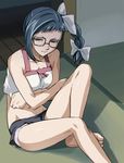  asatte_no_houkou bare_legs braid breast_hold breasts camisole glasses haruyama_kazunori nogami_shouko side_braid side_ponytail solo sweat undersized_clothes 