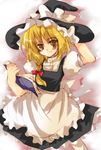  apron artist_request bangs black_hat black_skirt black_vest blonde_hair blush book bow braid brown_eyes eyebrows_visible_through_hair frilled_apron frills hair_bow hand_on_headwear hat hat_bow holding holding_book kirisame_marisa looking_at_viewer open_book pantyhose puffy_short_sleeves puffy_sleeves red_bow shirt short_sleeves single_braid sketch skirt smile solo touhou vest waist_apron white_apron white_bow white_legwear white_shirt witch_hat 