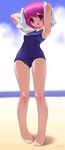  ahoge armpits arms_behind_head barefoot feet inu jpeg_artifacts one-piece_swimsuit original pigeon-toed pink_eyes pink_hair school_swimsuit short_hair signature solo swimsuit towel 