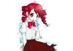  bad_id bad_pixiv_id blush bow child drill_hair hokoro kirijou_mitsuru long_hair looking_at_viewer open_mouth persona persona_3 puffy_short_sleeves puffy_sleeves red_eyes red_hair school_uniform short_sleeves simple_background skirt solo twin_drills younger 