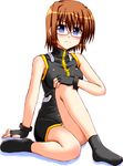  bespectacled blue_eyes breasts brown_hair fingerless_gloves glasses gloves large_breasts lask lyrical_nanoha mahou_shoujo_lyrical_nanoha mahou_shoujo_lyrical_nanoha_a's mahou_shoujo_lyrical_nanoha_strikers socks solo yagami_hayate 