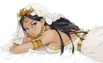  armband bed belt black_hair blue_eyes breasts dark_skin egyptian eyeshadow ishizu_ishtar jewelry long_hair lying makeup medium_breasts necklace sideboob solo yukitsuki_hisa yuu-gi-ou yuu-gi-ou_duel_monsters 