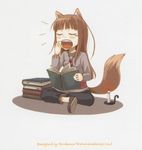  animal_ears ayakura_juu book holo long_hair novel_illustration official_art solo spice_and_wolf tail wolf_ears yawning 