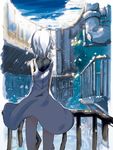  dress fence from_behind konatsu_karasu original short_hair snowing solo turtleneck white_hair wind wind_lift 