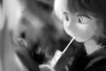  blurry futon_(kitsune_tsuki) greyscale juice_box maribel_hearn monochrome sipping solo touhou 