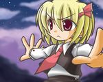  :&lt; blonde_hair child closed_mouth cloud eyebrows eyebrows_visible_through_hair eyes_visible_through_hair hair_ribbon minazuki_aqua necktie night night_sky outstretched_arms red_eyes red_neckwear red_ribbon ribbon rumia short_hair sky solo spread_arms star touhou tress_ribbon v-shaped_eyebrows 