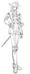  artist_request elf elvaan final_fantasy final_fantasy_xi greyscale hat highres monochrome pointy_ears red_mage solo sword weapon 