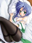  aozora_no_mieru_oka ass bed blue_hair blush bra bra_pull breasts fujimiya_sui game_cg green_eyes izumi_tsubasu lingerie lying nipple_slip nipples panties panties_under_pantyhose pantyhose pillow ryouka_(suzuya) small_breasts solo thighband_pantyhose underwear white_bra white_panties 