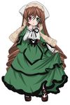  brown_hair green_eyes heterochromia long_hair looking_at_viewer red_eyes rozen_maiden simple_background solo suiseiseki takumi_(rozen_garten) very_long_hair white_background 