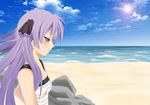  bare_shoulders beach blue_eyes day dress from_side hair_ribbon half-closed_eyes hiiragi_kagami horn looking_down lucky_star outdoors pink_hair profile ribbon sand shore sitting solo sun sundress sunlight twintails water 