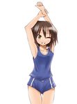  ;d brown_hair buruma green_eyes grin hane_(hanegoya) kusakabe_misao looking_at_viewer lucky_star one_eye_closed open_mouth short_hair shorts simple_background sleeveless smile solo sportswear standing tank_top teeth thigh_gap white_background 