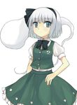  aqua_eyes bangs black_ribbon buttons frilled_skirt frills green_skirt hair_ribbon hitodama ikura_hato konpaku_youmu konpaku_youmu_(ghost) looking_at_viewer puffy_short_sleeves puffy_sleeves ribbon shirt short_hair short_sleeves silver_hair simple_background skirt skirt_set solo touhou vest white_background white_shirt 