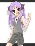 bangs blue_eyes bow casual checkered checkered_shirt clenched_hand contrapposto eyebrows_visible_through_hair hair_bow hand_up happy hiiragi_kagami kamoi_hayato letterboxed long_hair looking_at_viewer lucky_star open_mouth purple_hair shirt shorts simple_background sketch sketch_eyebrows skinny sleeveless sleeveless_shirt solo standing twintails unmoving_pattern v-neck 