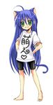  :3 animal_ears barefoot bike_shorts blue_hair cat_ears feet full_body green_eyes izumi_konata long_hair lucky_star moe mole mole_under_eye sakurai_unan solo standing tail translated 