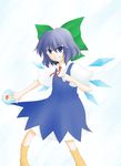  blue_dress blue_eyes blue_hair bluepony bow carrot cirno dress grin ice ice_wings looking_at_viewer puffy_short_sleeves puffy_sleeves red_ribbon ribbon short_sleeves smile socks solo touhou wings 