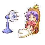  :3 animal_costume bear_costume bear_tsukasa bear_yutaka capybara-san chibi closed_eyes electric_fan head_grab hiiragi_tsukasa kobayakawa_yutaka lap_pillow lowres lucky_star lying minami_(colorful_palette) multiple_girls on_back purple_hair red_hair short_hair simple_background sitting 