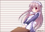  &gt;:( blush brown_hair carrying frown long_hair maid maid_headdress nullken original pink_eyes solo striped striped_background suitcase v-shaped_eyebrows very_long_hair 