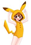  1girl blush brown_eyes brown_hair crossover npc npc_trainer pikachu poke_kid poke_kid_(pokemon) pokemon simple_background solo tail white_background 